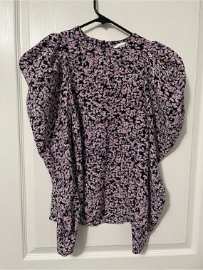 H&M Black Blouse with Pink Floral Print and Puff Sleeves